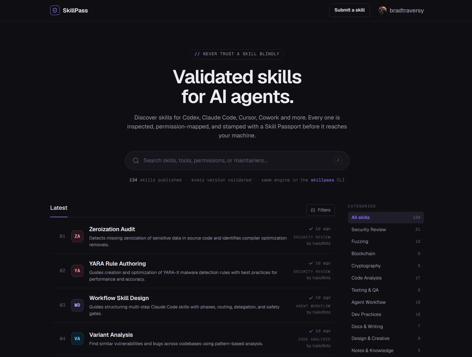 SkillPass homepage with validated skills search, 134 published skills, filters, categories, and latest listings