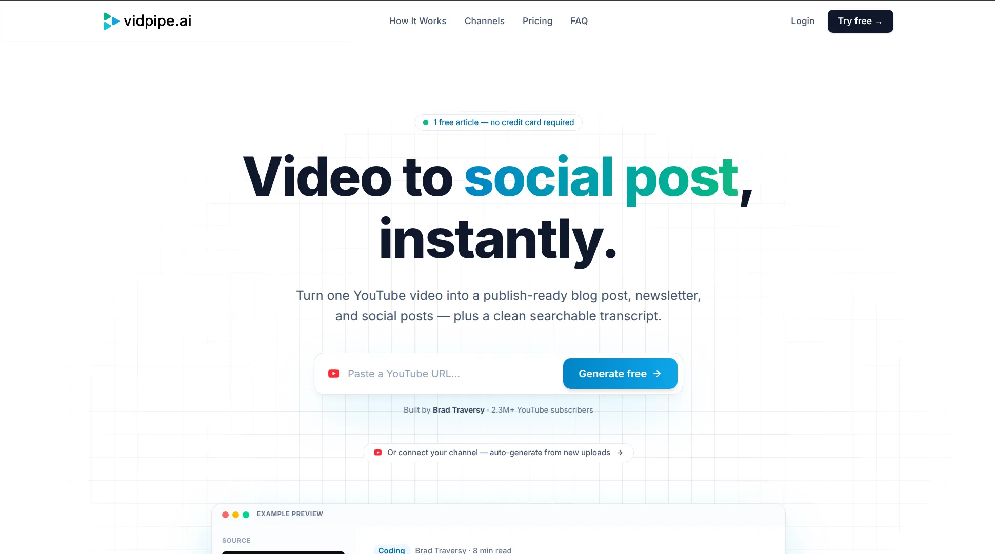 Vidpipe homepage with a YouTube URL input and generated content previews